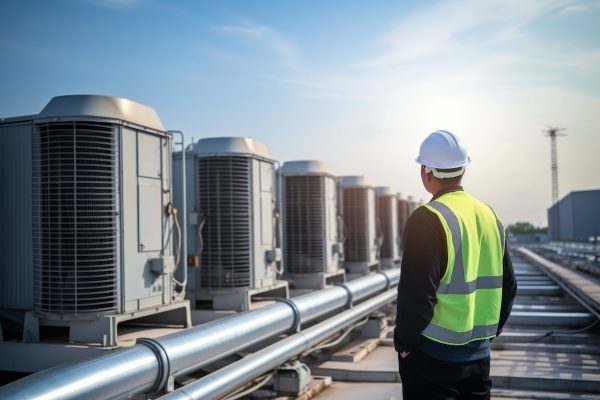 Engineer inspecting water cooling tower air chiller hvac system in industrial building